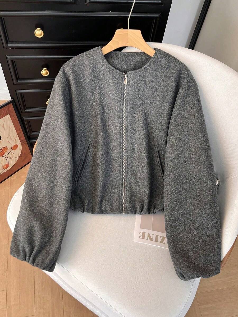 Lillehammer Wool Look Zip Up Cropped Bomber Jacket
