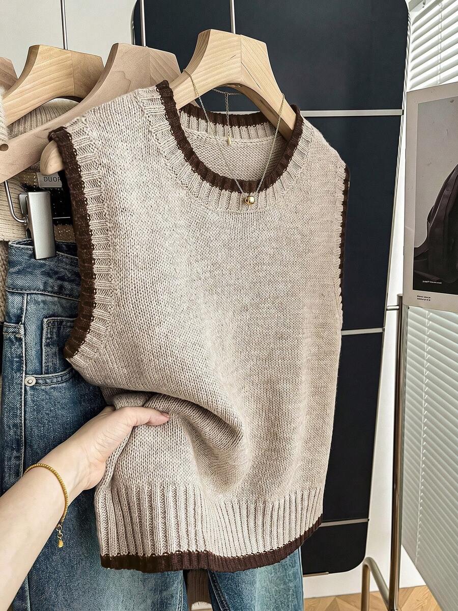 Beatrice Contrast Trim Sleeveless Knit Sweater Vest - Taupe with Brown Trim