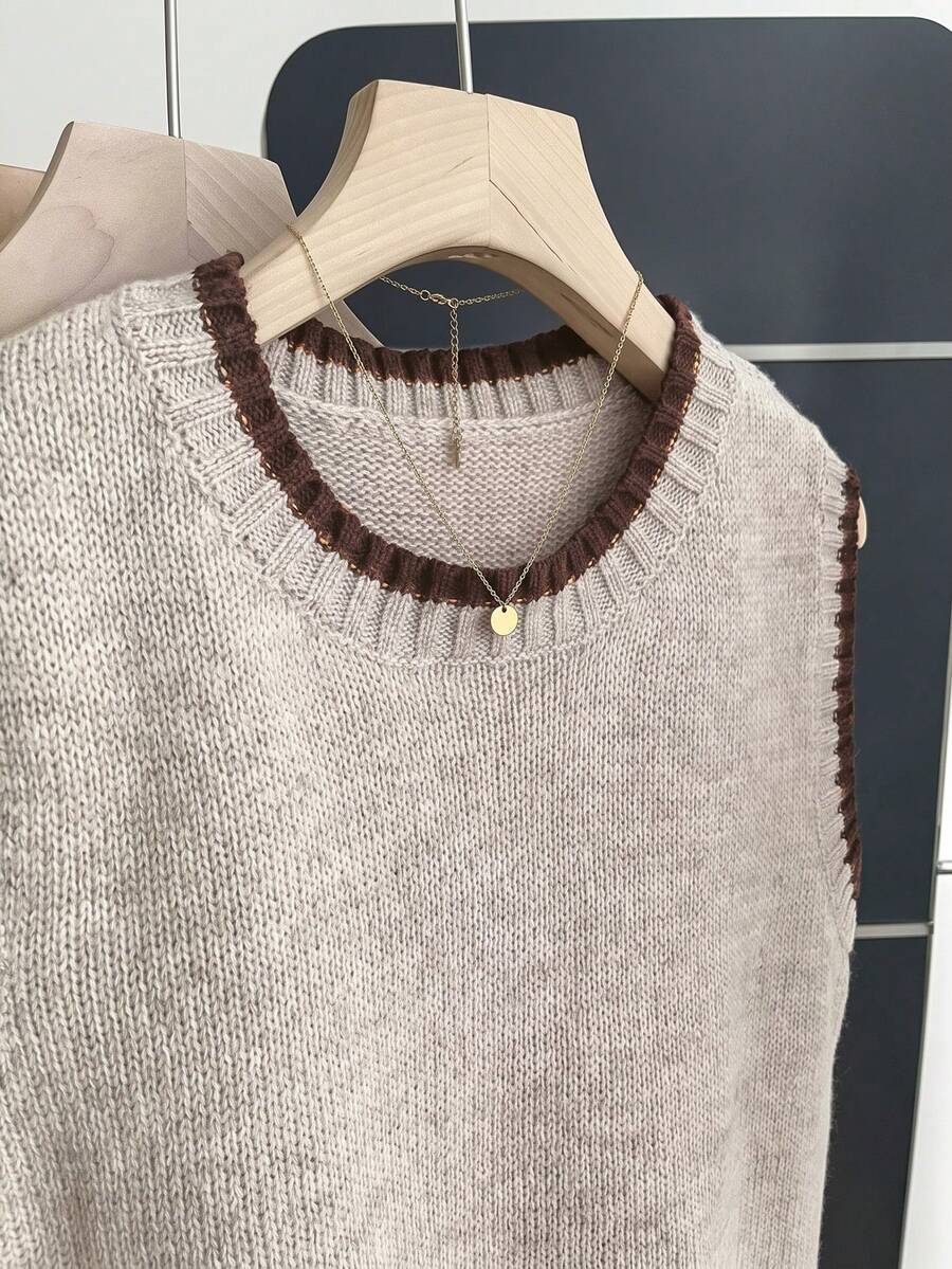 Beatrice Contrast Trim Sleeveless Knit Sweater Vest - Taupe with Brown Trim