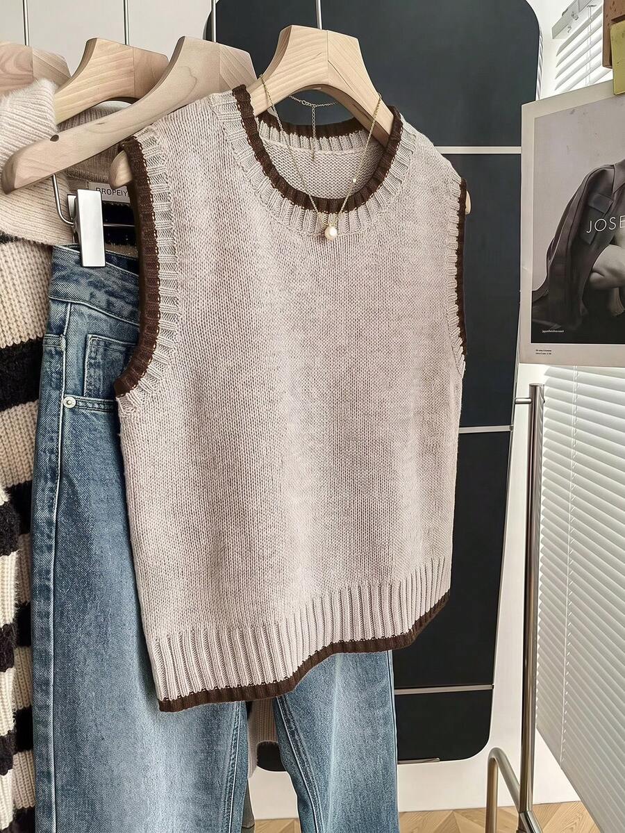Beatrice Contrast Trim Sleeveless Knit Sweater Vest - Taupe with Brown Trim