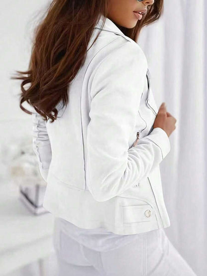 Mireille Fleece Lined Faux Suede Zip Jacket with Stand Collar - White