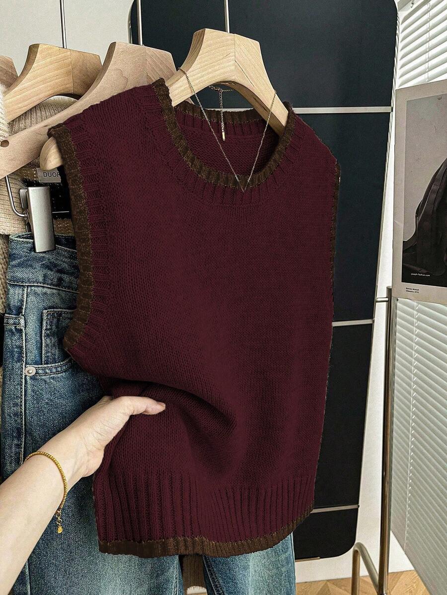 Beatrice Contrast Trim Sleeveless Knit Sweater Vest - Burgundy with Brown Trim