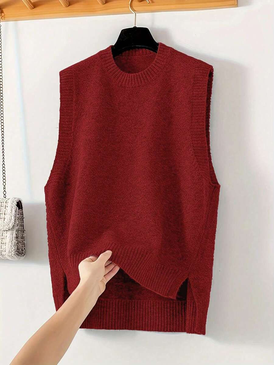 Women's Side Slit Knit Sweater Vest, Sleeveless Layering Top for Fall Work Casual - Apricot