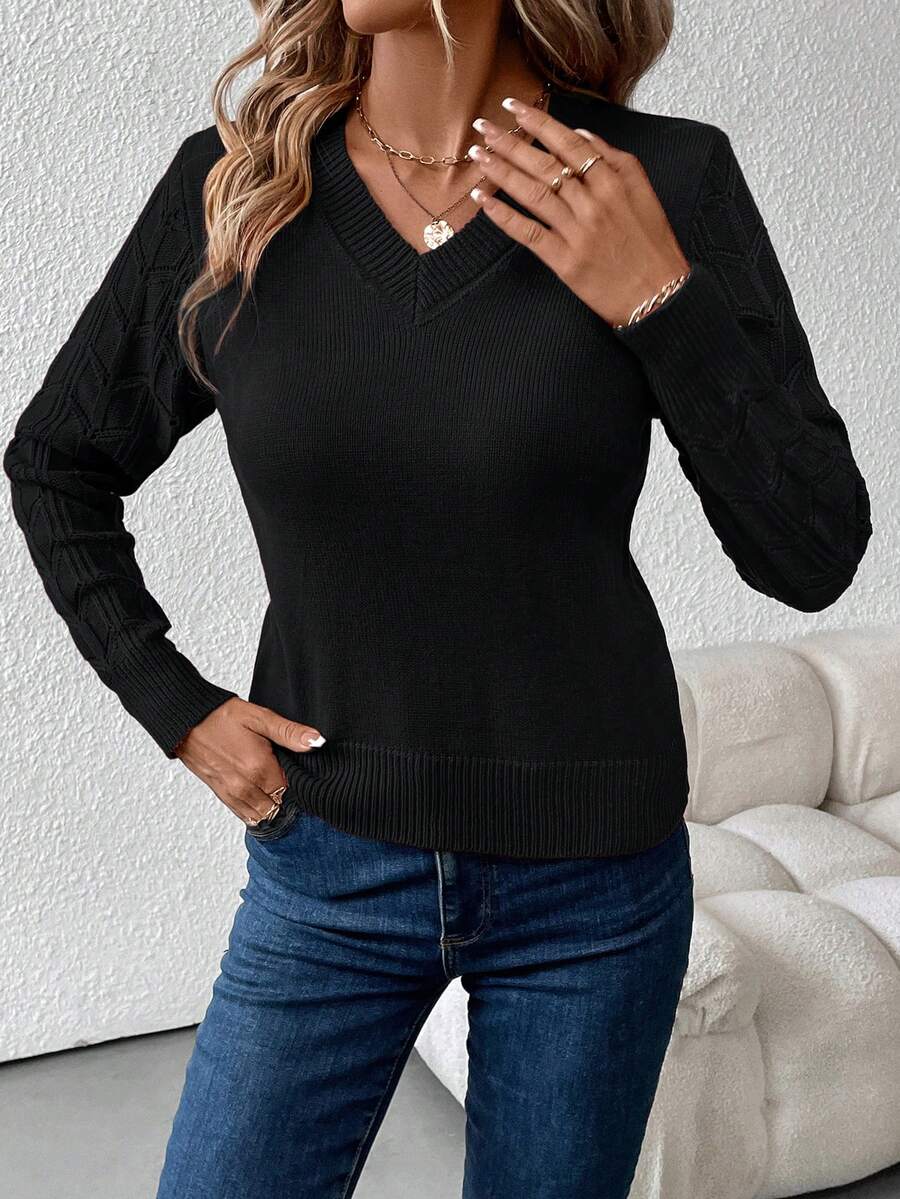 Henrietta Classic V-Neck Long Sleeve Knit Pullover Sweater - Black