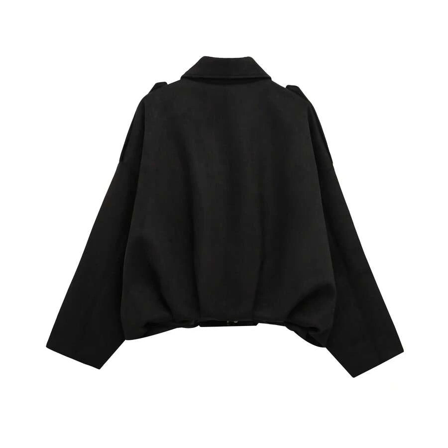 Sabrina Faux Suede Oversized Cropped Collared Jacket - Black