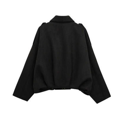Sabrina Faux Suede Oversized Cropped Collared Jacket - Black
