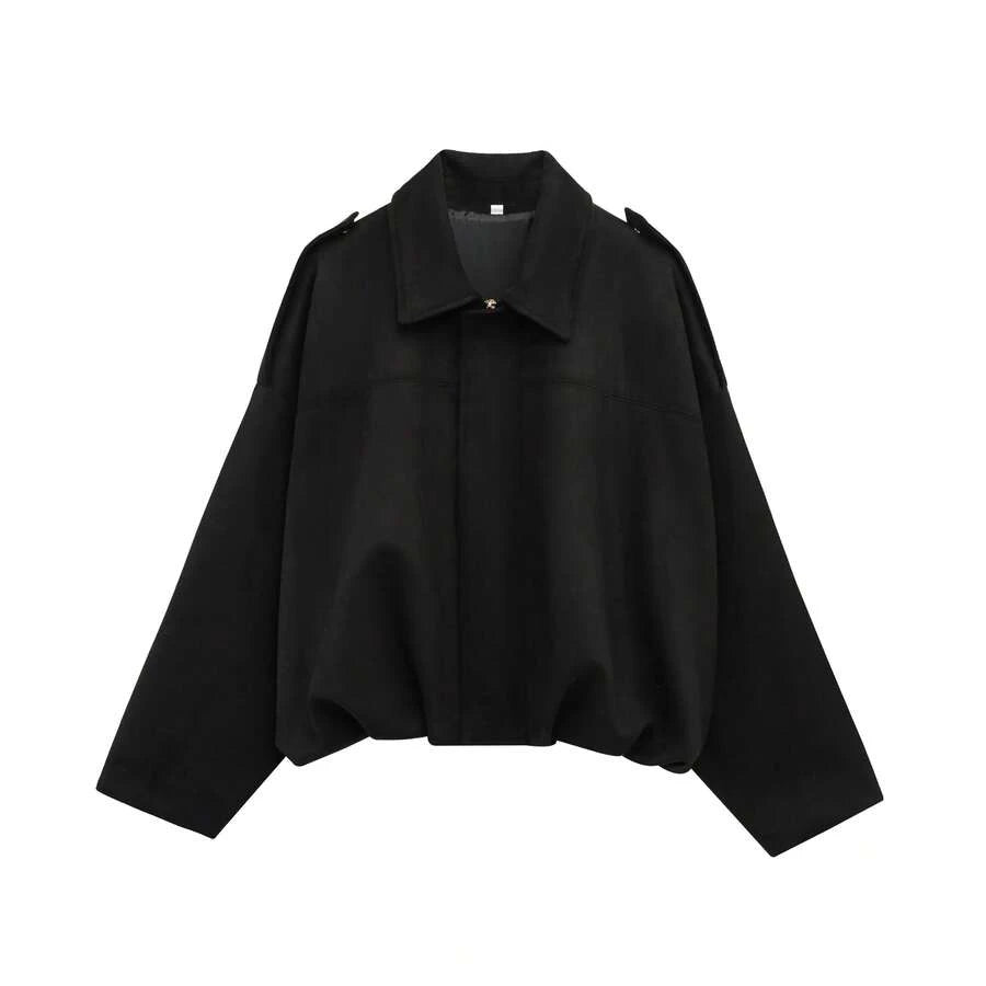 Sabrina Faux Suede Oversized Cropped Collared Jacket - Black