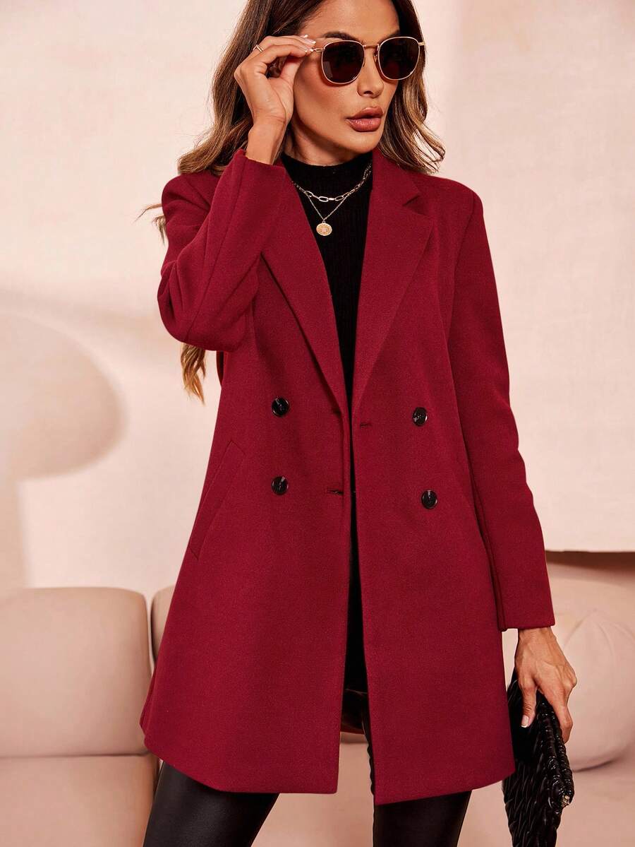 Aveline Double-Breasted Lapel Coat with Tailored Thigh-Length Cut - Coffee Brown