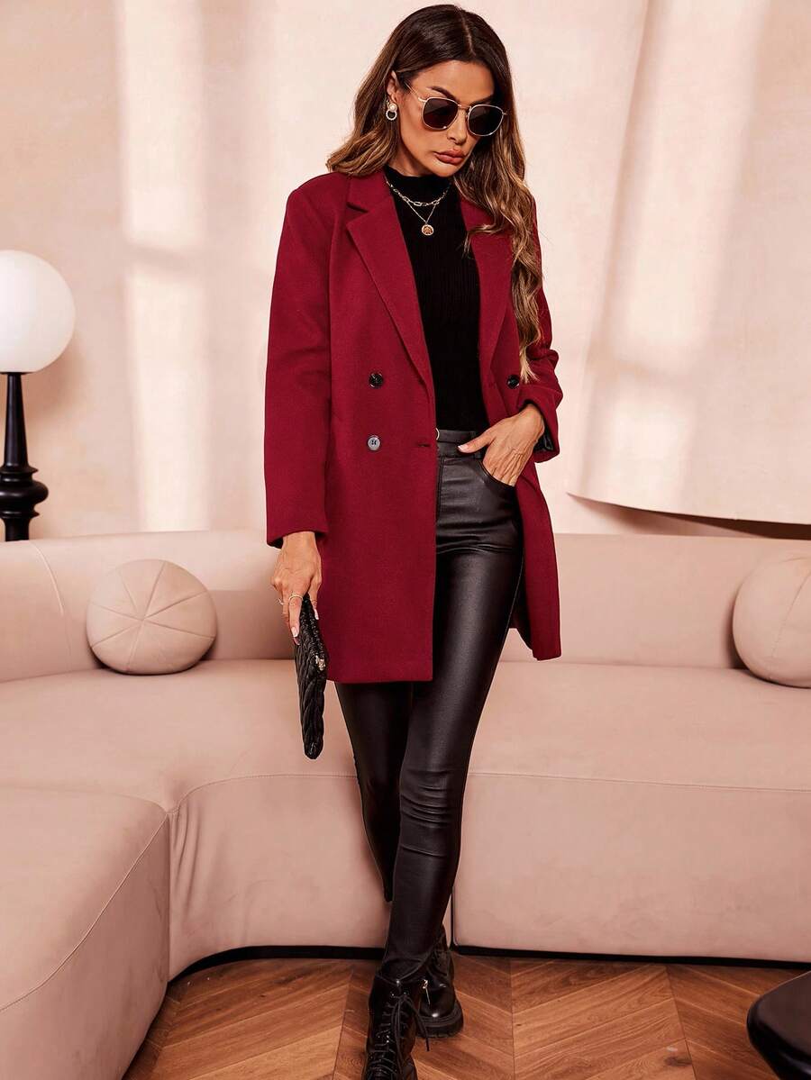 Aveline Double-Breasted Lapel Coat with Tailored Thigh-Length Cut - Red Violet