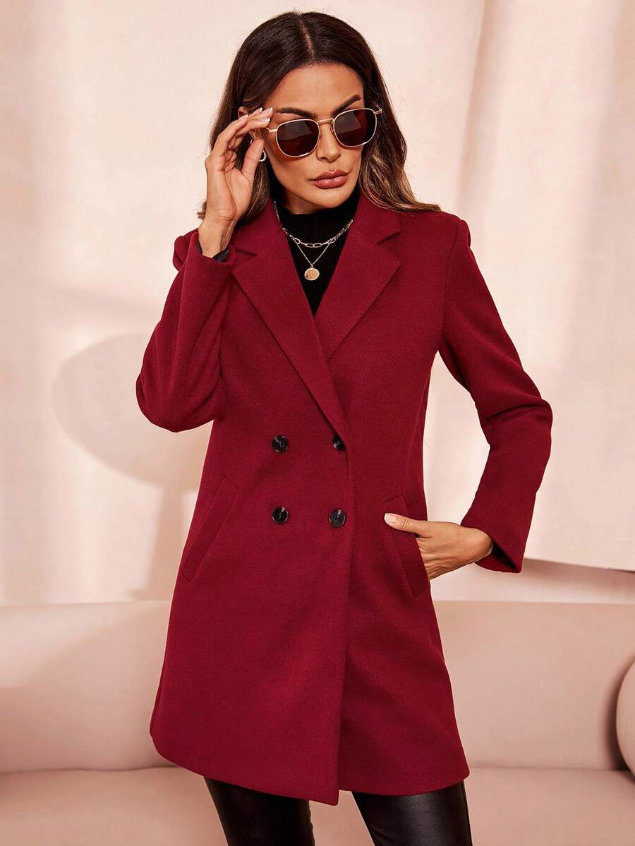 Aveline Double-Breasted Lapel Coat with Tailored Thigh-Length Cut - Navy Blue