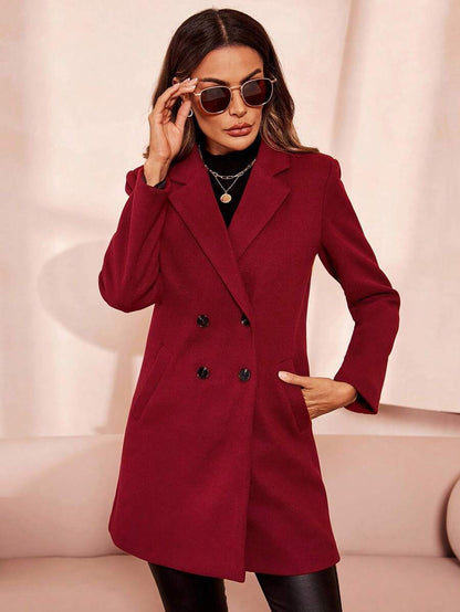 Aveline Double-Breasted Lapel Coat with Tailored Thigh-Length Cut - Navy Blue