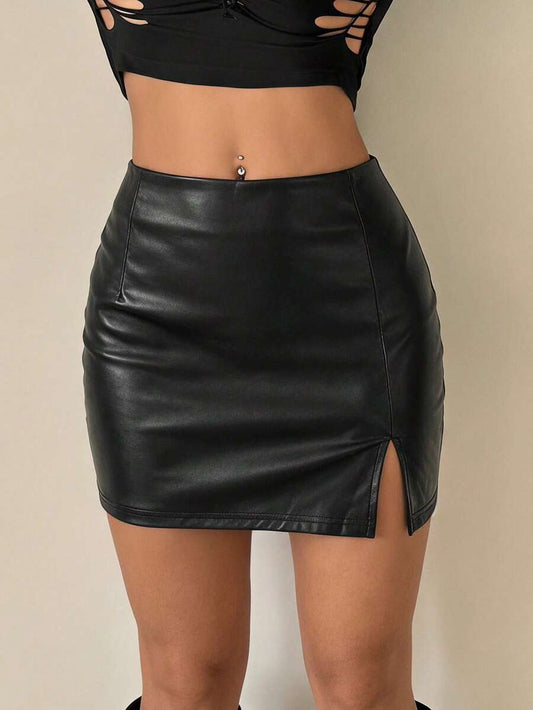 Kotor Faux Leather High Waist Split Hem Mini Skirt - Black