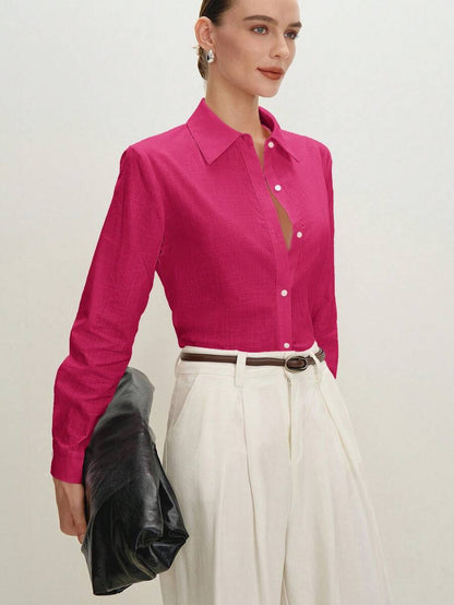 Remy Pink White Striped Lapel Button Shirt - Red