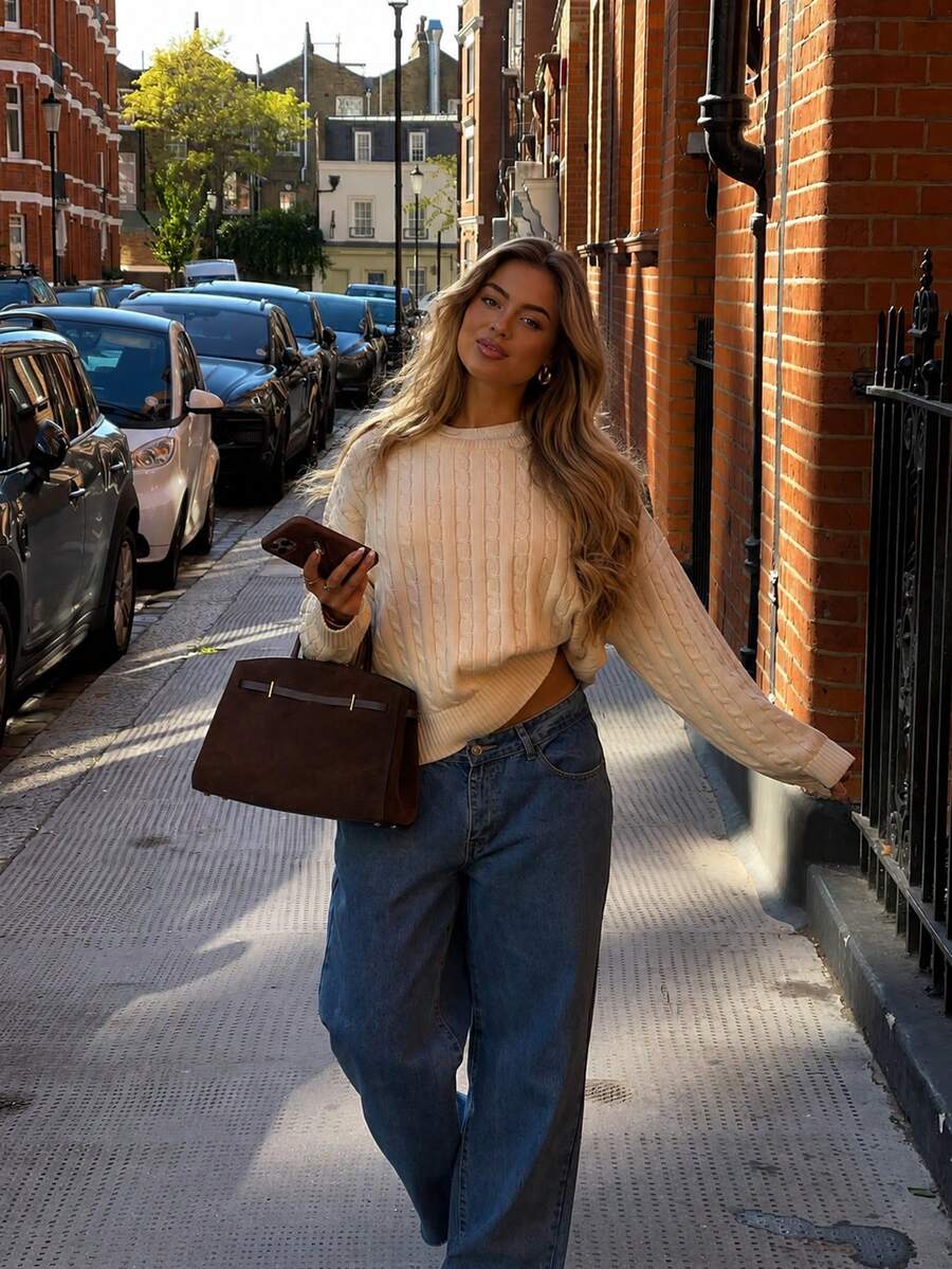 Marlowe Chunky Cable Knit Sweater Loose Crew Neck Pullover - Cream