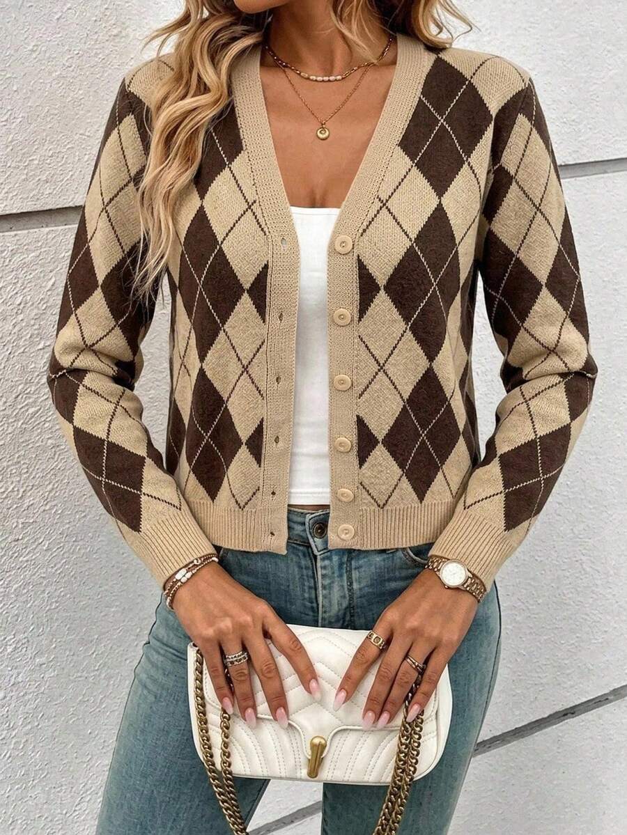Georgiana Slim Ribbed V-Neck Button Front Knit Cardigan - Brown Argyle