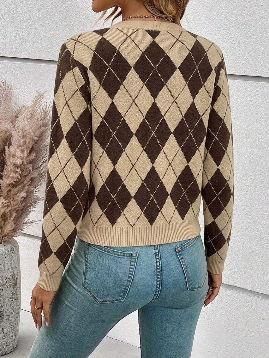 Georgiana Slim Ribbed V-Neck Button Front Knit Cardigan - Brown Argyle