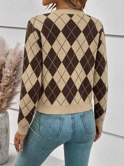 Georgiana Slim Ribbed V-Neck Button Front Knit Cardigan - Brown Argyle