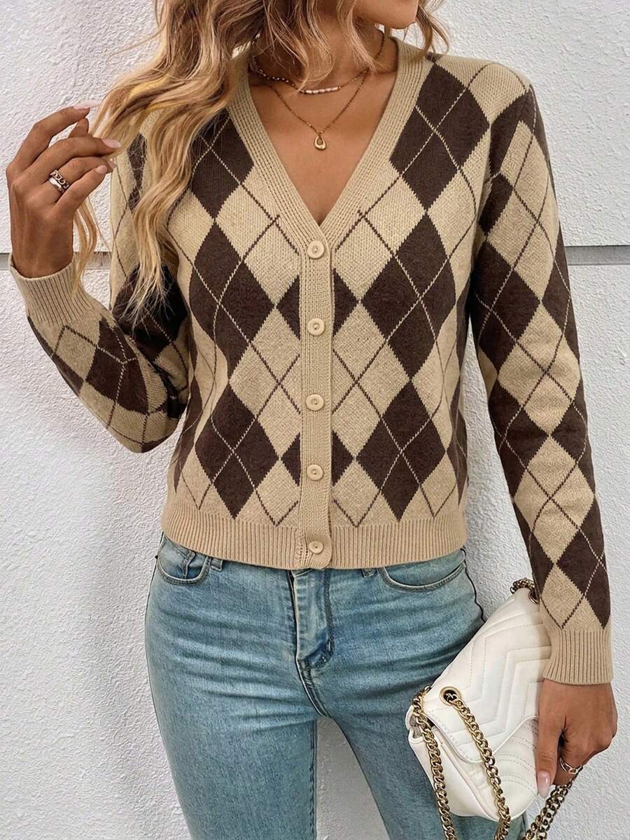 Georgiana Slim Ribbed V-Neck Button Front Knit Cardigan - Brown Argyle