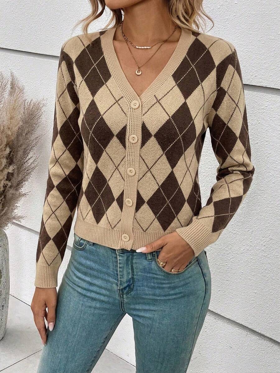 Georgiana Slim Ribbed V-Neck Button Front Knit Cardigan - Brown Argyle