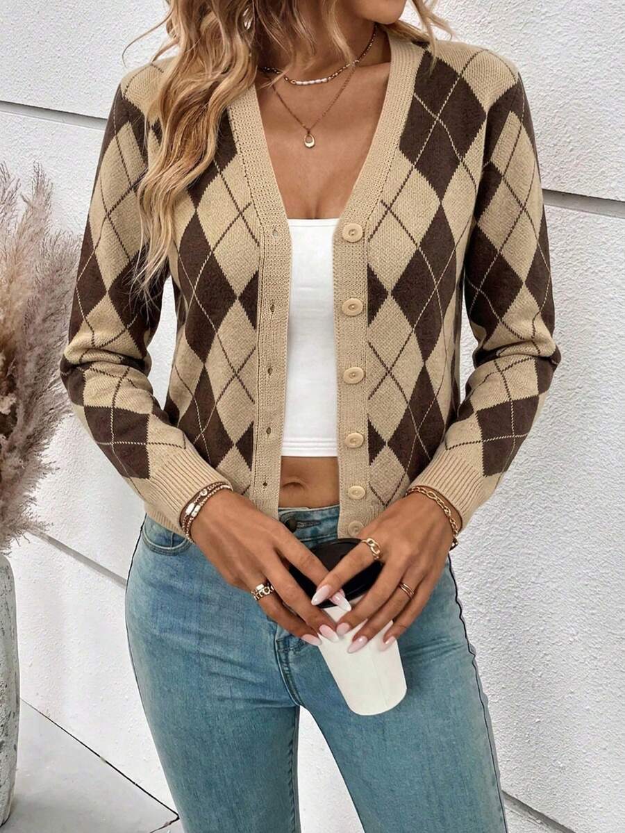 Georgiana Slim Ribbed V-Neck Button Front Knit Cardigan - Brown Argyle