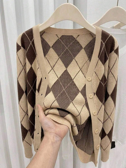 Georgiana Slim Ribbed V-Neck Button Front Knit Cardigan - Brown Argyle