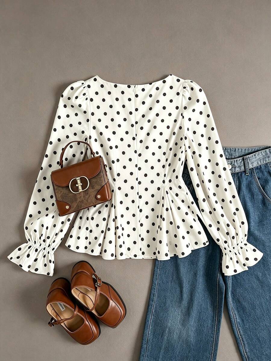 Piper Polka Dot Pleated Flare Sleeve Round Neck Shirt - Apricot