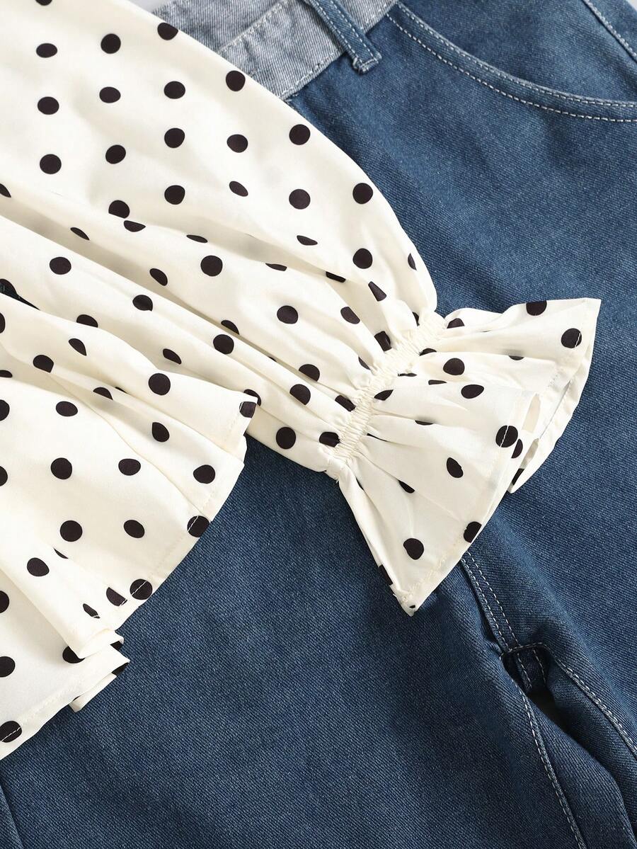 Piper Polka Dot Pleated Flare Sleeve Round Neck Shirt - Apricot