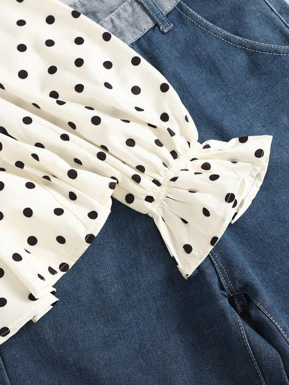Piper Polka Dot Pleated Flare Sleeve Round Neck Shirt - Apricot
