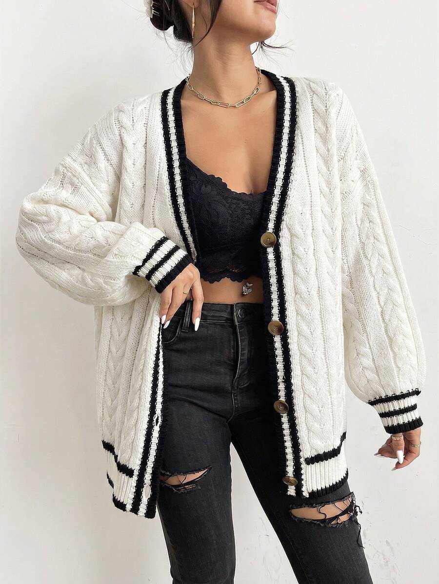 Adelaide Cable Knit Bishop Sleeve Cardigan - Black and White