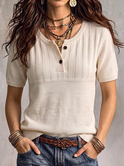 Marielle Textured Knit Half-Button Short Sleeve Sweater Top - Cream