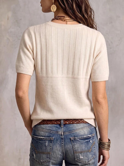 Marielle Textured Knit Half-Button Short Sleeve Sweater Top - Cream