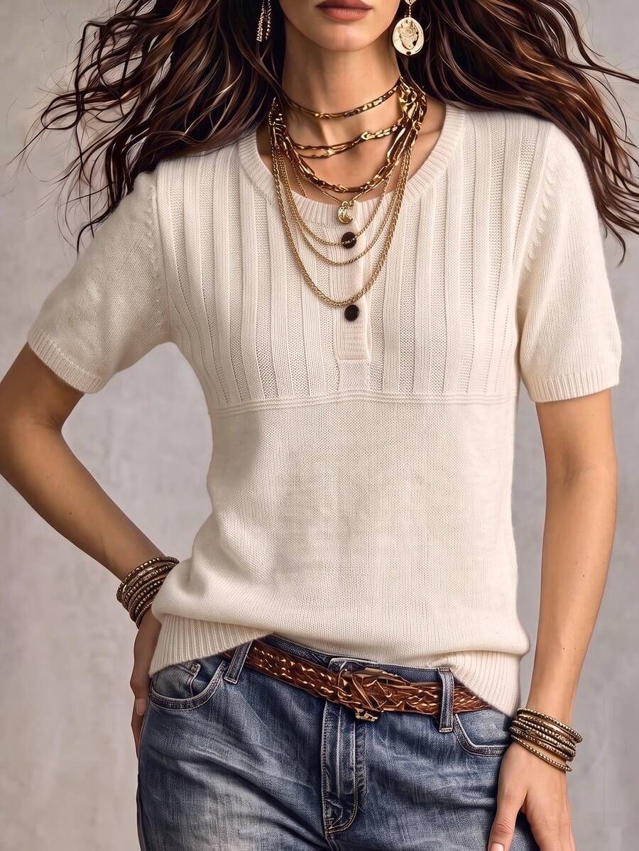 Marielle Textured Knit Half-Button Short Sleeve Sweater Top - Cream
