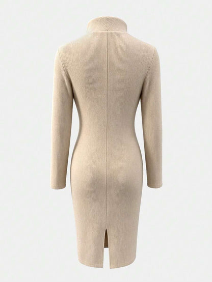 Aurelie Collared V-Neck Ribbed Knit Midi Sweater Dress - Green
