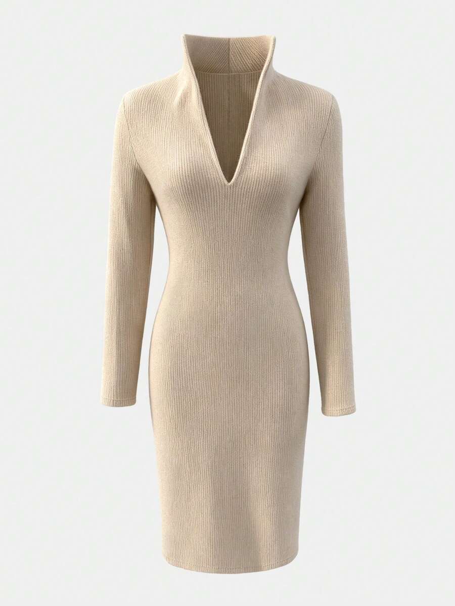 Aurelie Collared V-Neck Ribbed Knit Midi Sweater Dress - Dark Blue