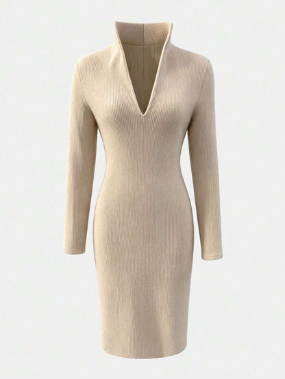 Aurelie Collared V-Neck Ribbed Knit Midi Sweater Dress - Dark Blue