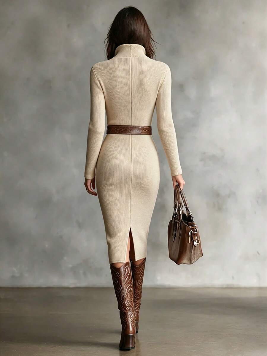 Aurelie Collared V-Neck Ribbed Knit Midi Sweater Dress - Green