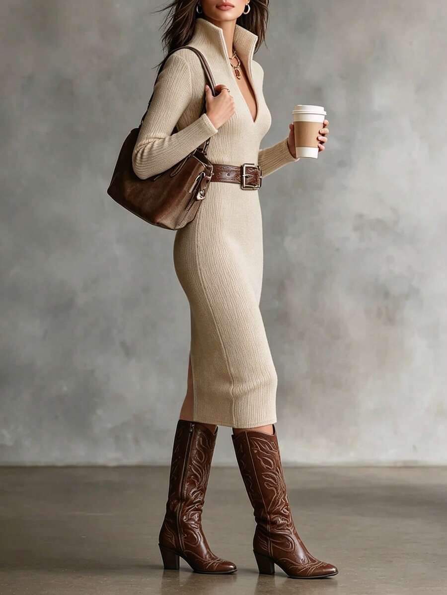 Aurelie Collared V-Neck Ribbed Knit Midi Sweater Dress - Apricot