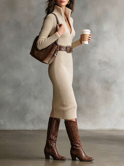 Aurelie Collared V-Neck Ribbed Knit Midi Sweater Dress - Apricot