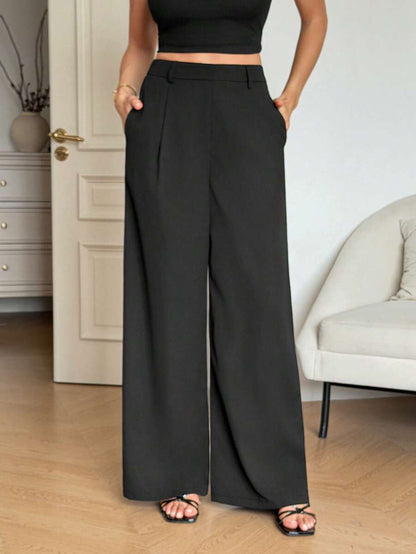 Isla High Waisted Wide Leg Pants with Pleated Front - Black