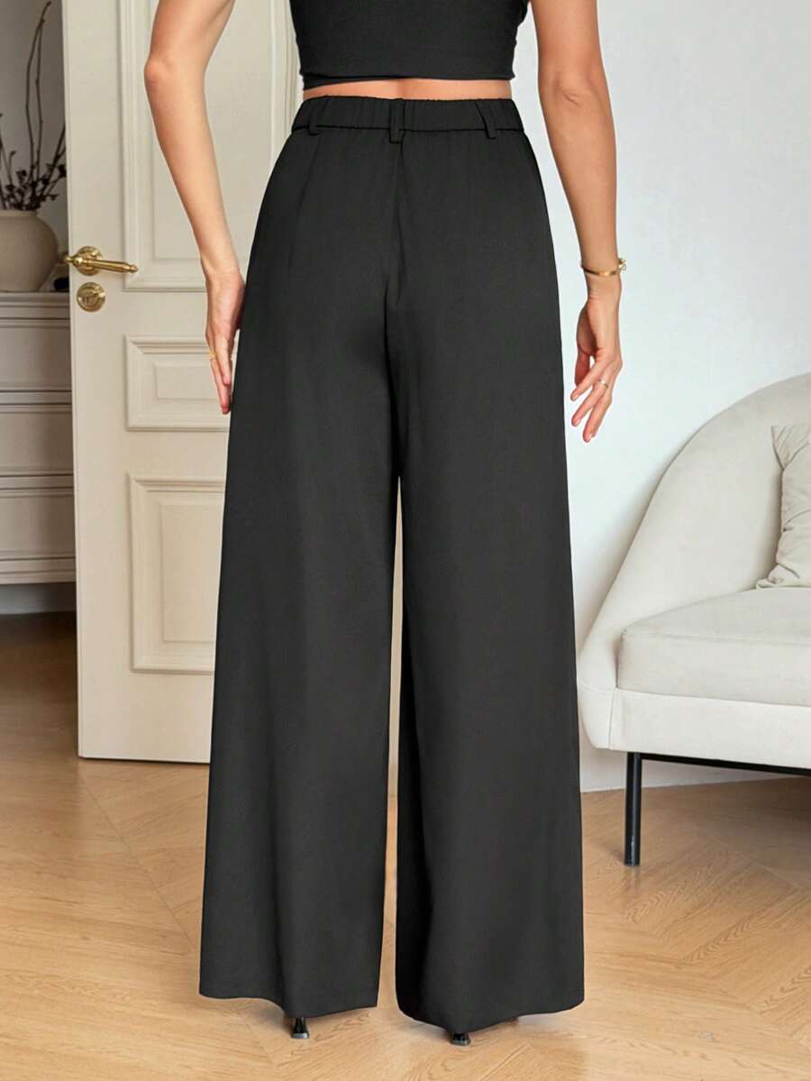 Isla High Waisted Wide Leg Pants with Pleated Front - Black