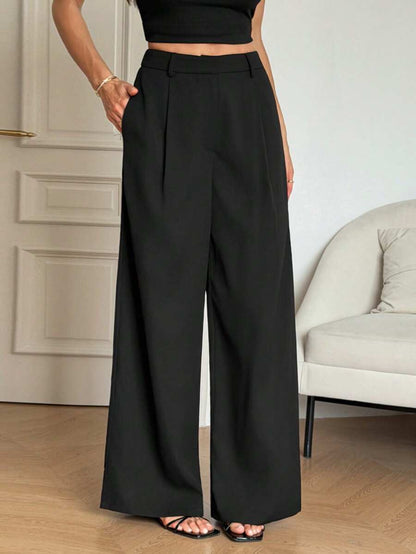 Isla High Waisted Wide Leg Pants with Pleated Front - Black