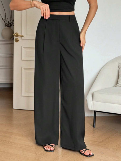 Isla High Waisted Wide Leg Pants with Pleated Front - Black