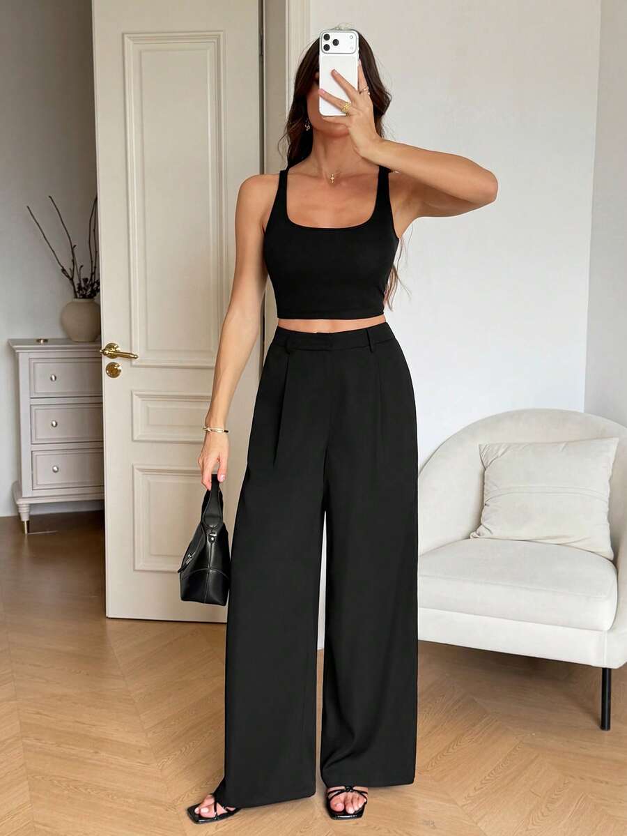 Isla High Waisted Wide Leg Pants with Pleated Front - Black