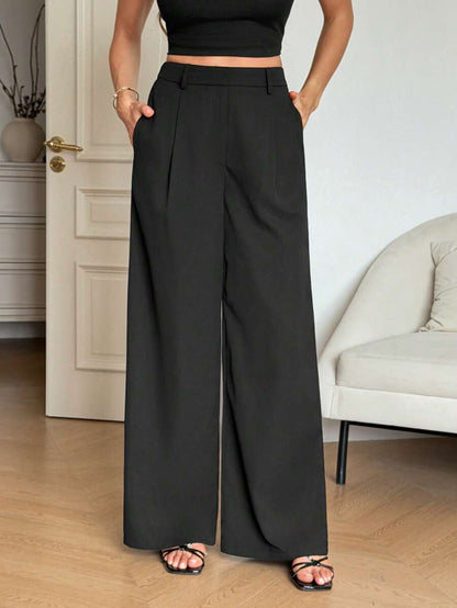 Isla High Waisted Wide Leg Pants with Pleated Front - Black