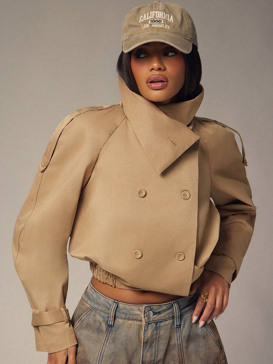 Marguerite High Collar Double-Breasted Cropped Trench Jacket - Khaki