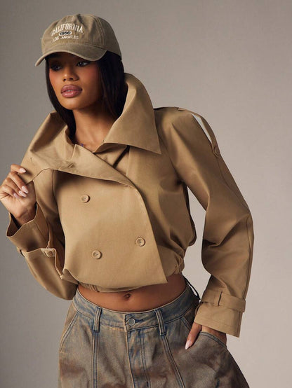 Marguerite High Collar Double-Breasted Cropped Trench Jacket - Khaki