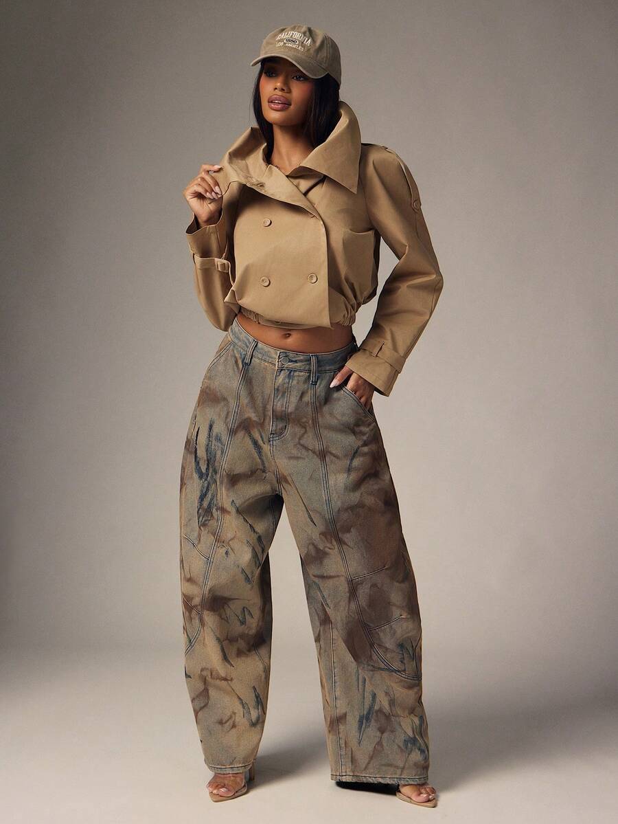 Marguerite High Collar Double-Breasted Cropped Trench Jacket - Khaki