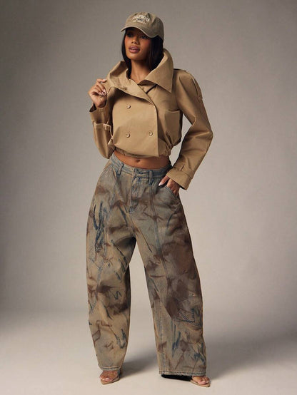 Marguerite High Collar Double-Breasted Cropped Trench Jacket - Khaki
