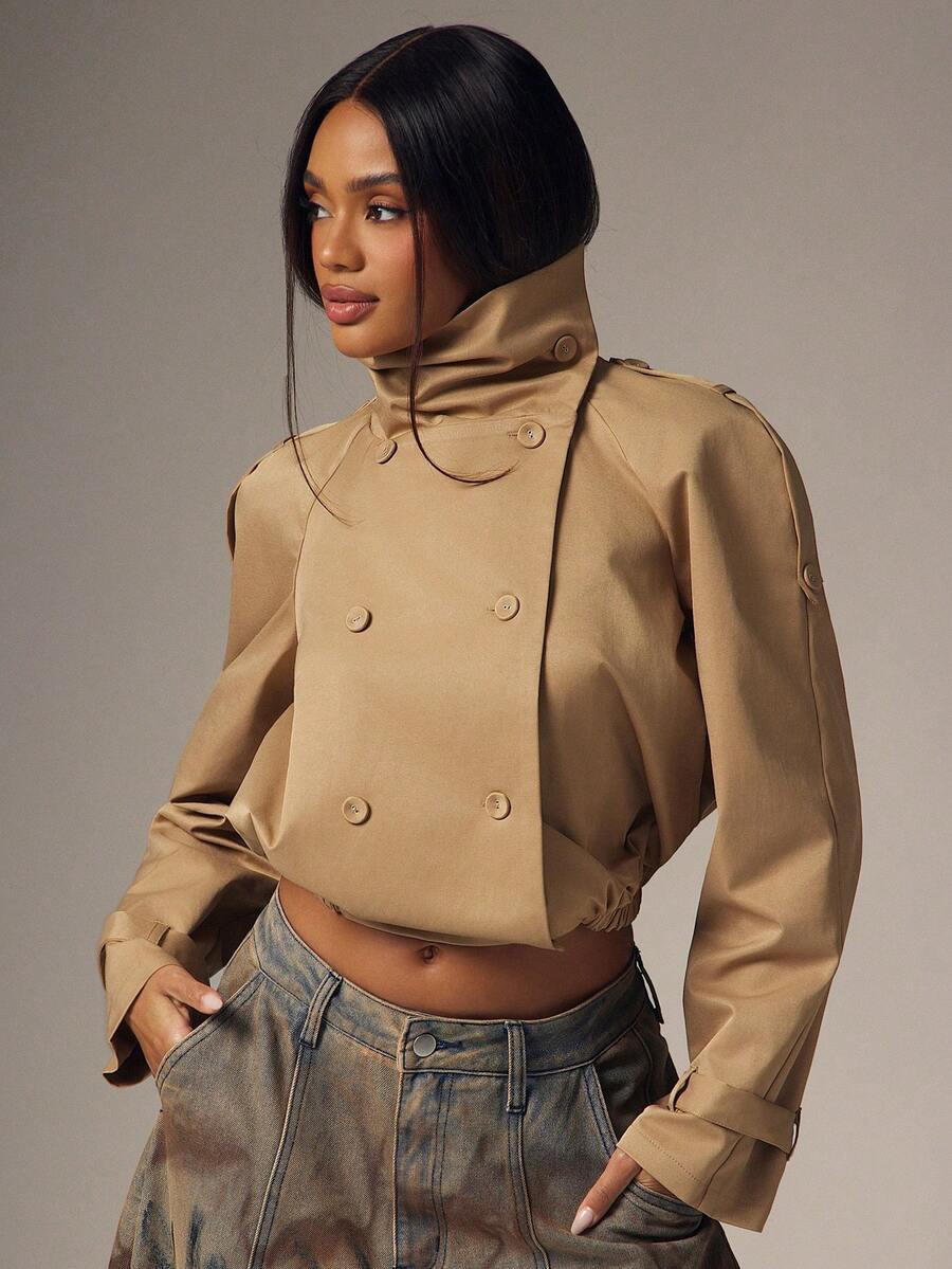 Marguerite High Collar Double-Breasted Cropped Trench Jacket - Khaki