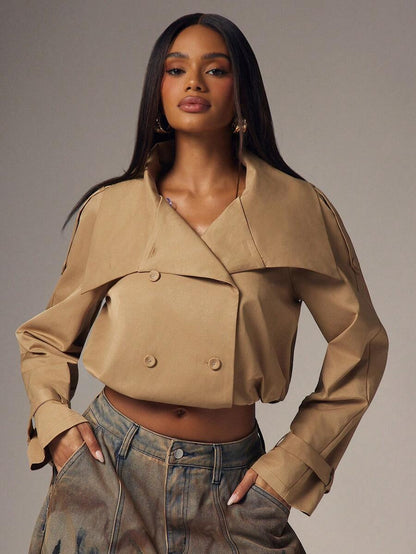 Marguerite High Collar Double-Breasted Cropped Trench Jacket - Khaki